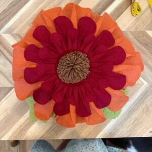 Boho Handmade Felt Flower Decorative Pillow Round Orange Red Accent Cottagecore